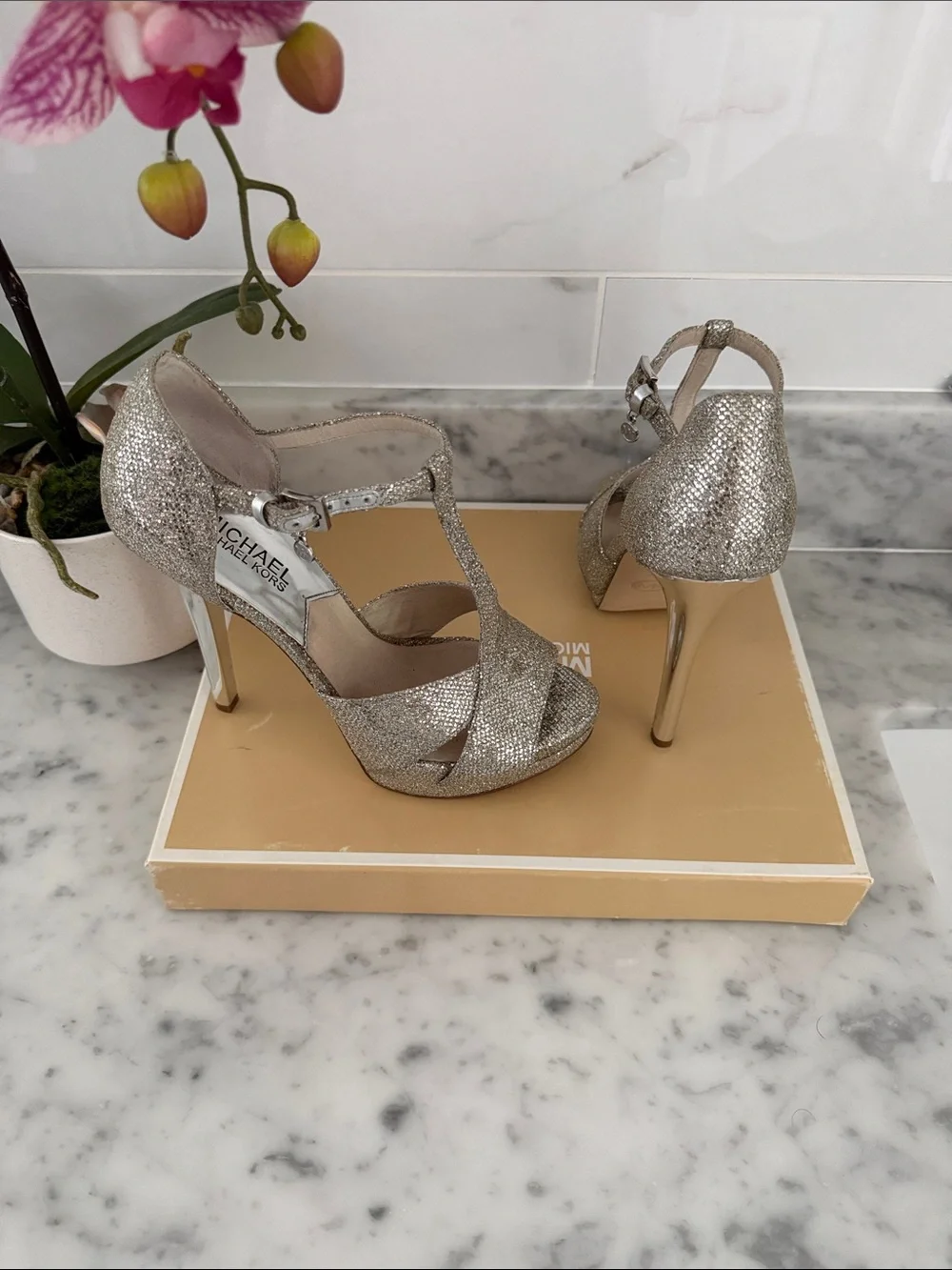 Michael Kors Silver Glitter T-Strap High Heel Sandals
